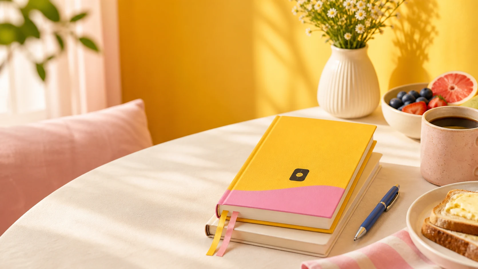 A NobNob devotional book beside coffee and breakfast in soft morning light