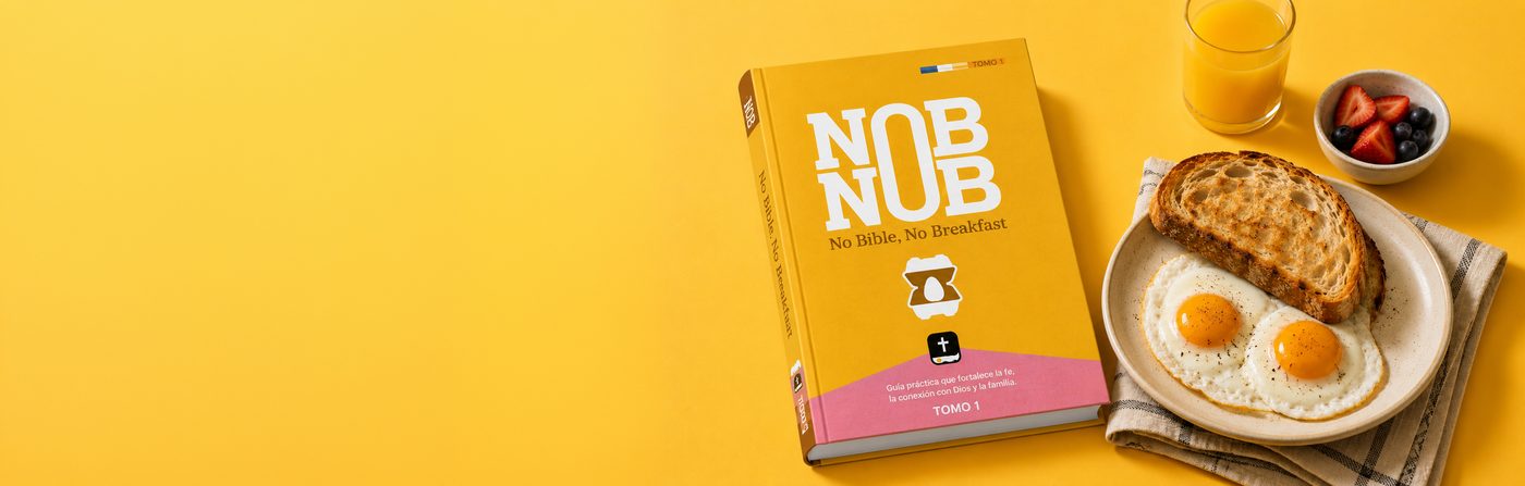 A bright NobNob devotional book on a breakfast table with toast, eggs, and juice