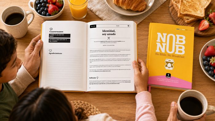 People using a NobNob devotional journal together at a breakfast table